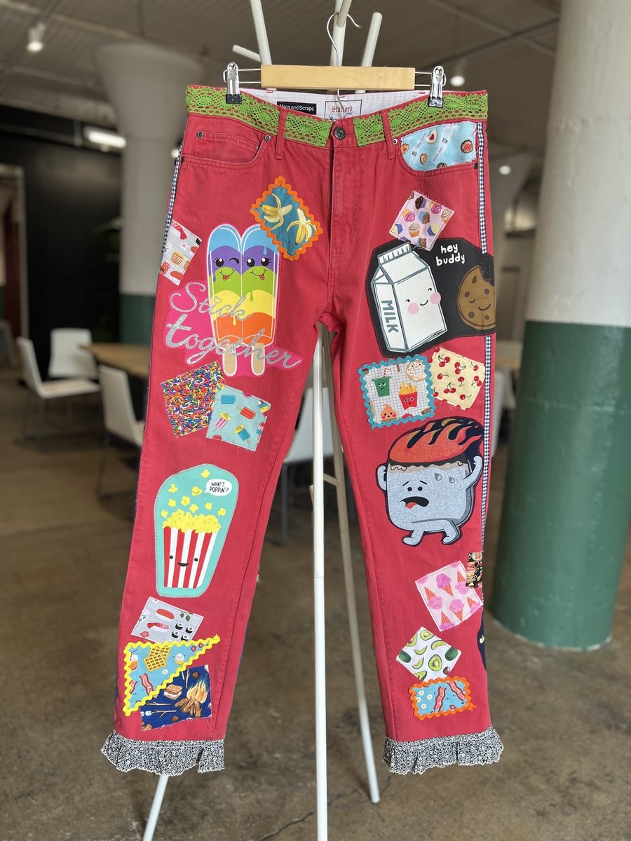 Funny food upcycled patchwork collage jeans