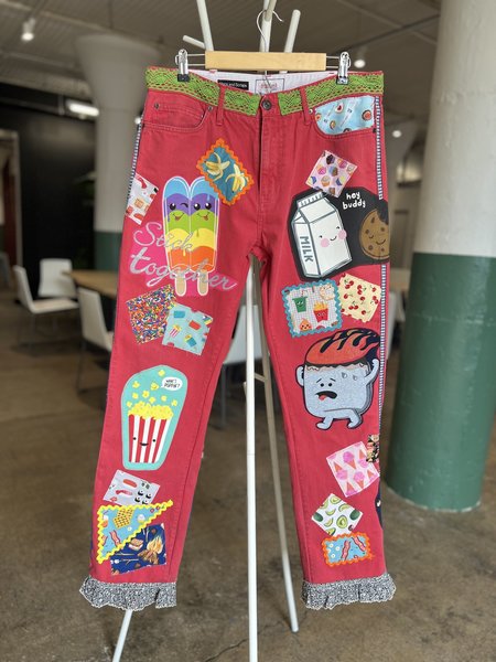 Funny food upcycled patchwork collage jeans