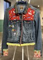 Sushi and rice custom upcycled patchwork jean jacket 