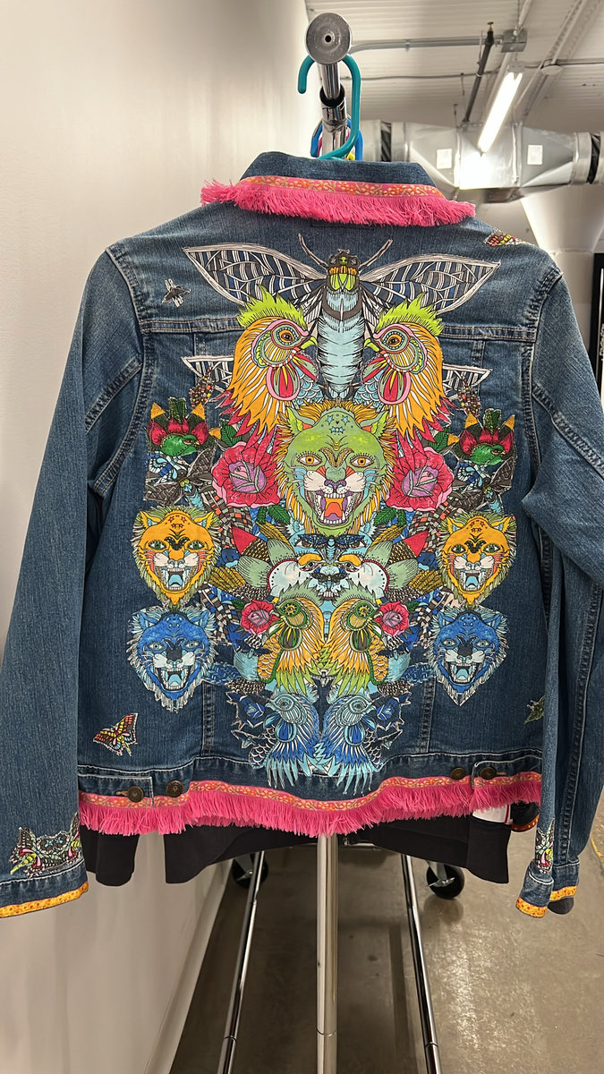 Animal collage patchwork upcycled Jean jacket. 