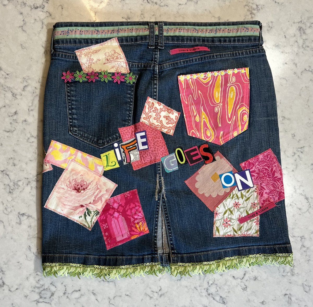 On La di Beatles patchwork upcycled Jean skirt