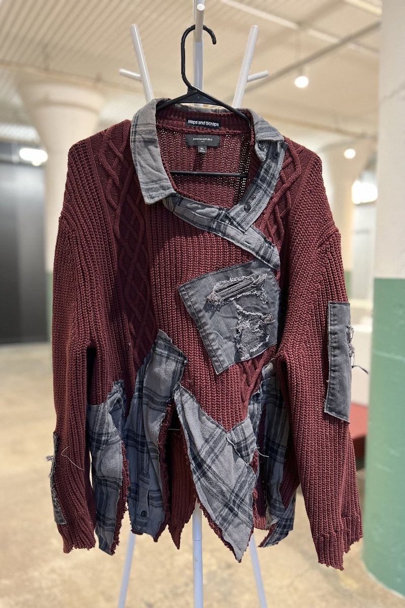 Burgundy patchwork and ragged sweater