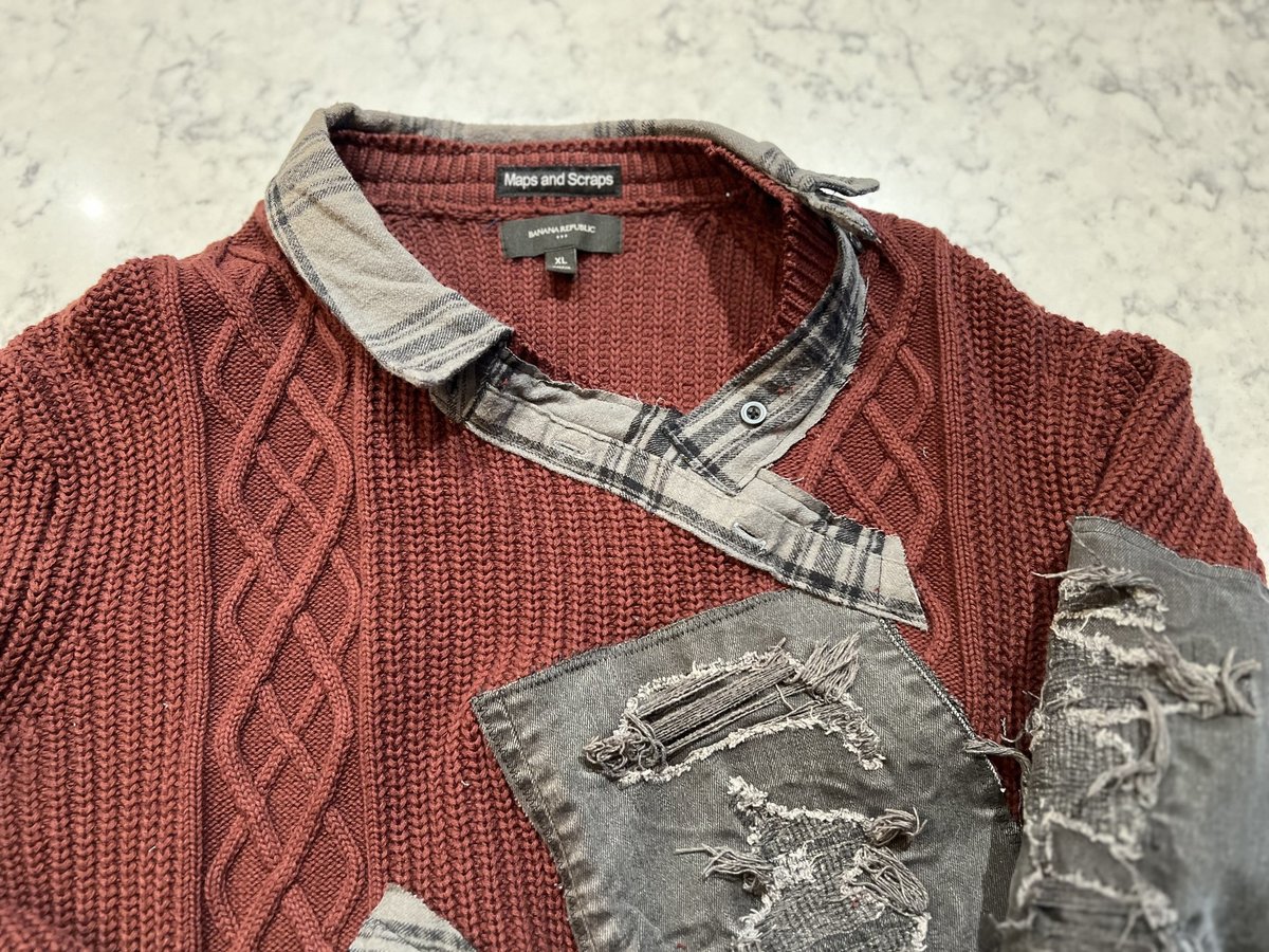 Burgundy patchwork and ragged sweater