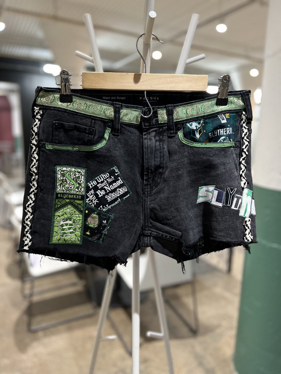 Slytherin upcycled custom patchwork collage shorts size 30”