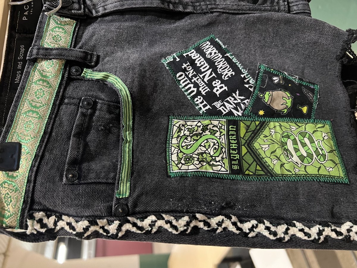 Slytherin upcycled custom patchwork collage shorts size 30”