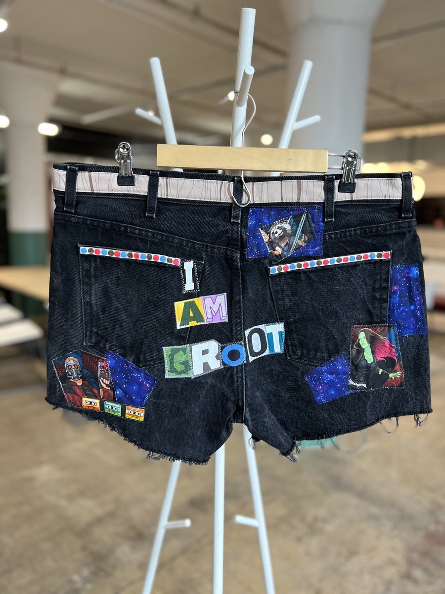 I am Groot upcycled collage shorts