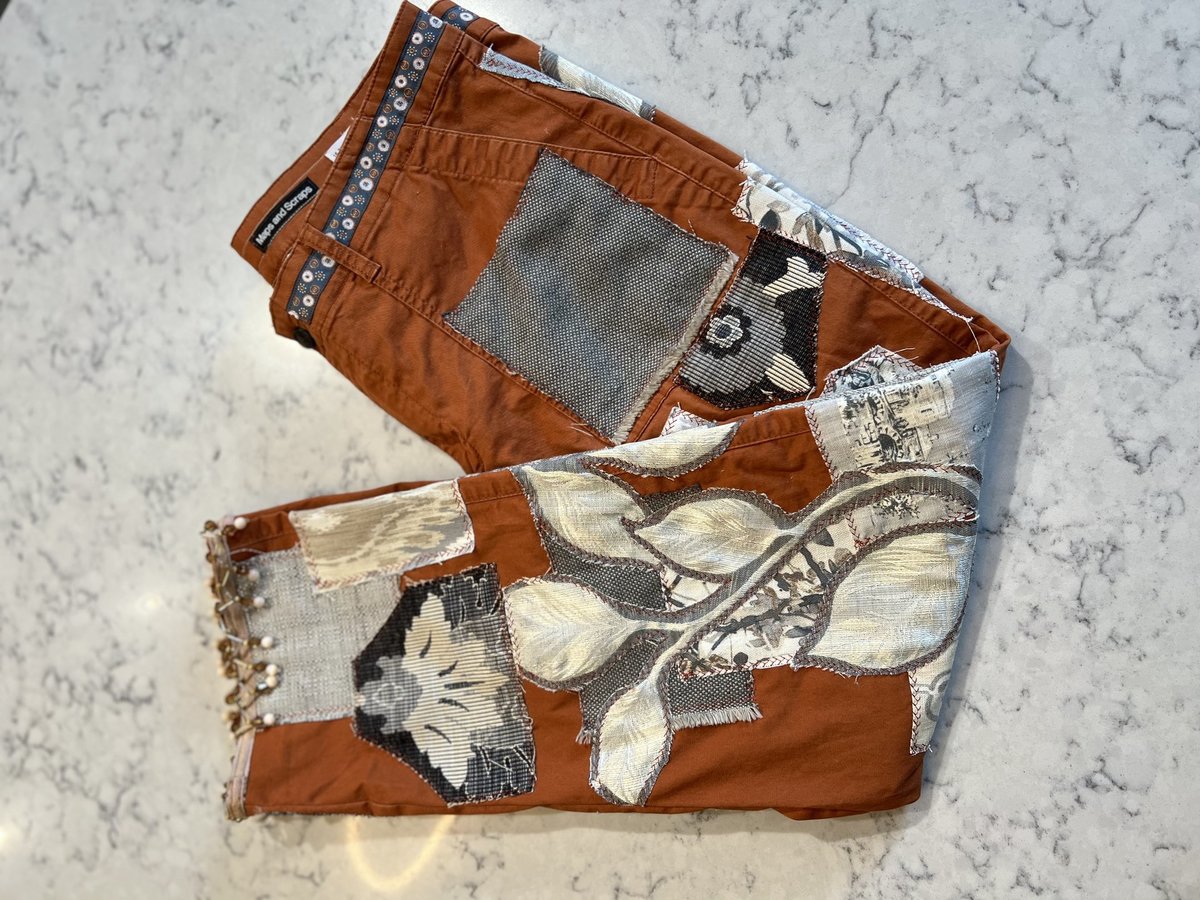 Gray and rust patchwork upcycled pants