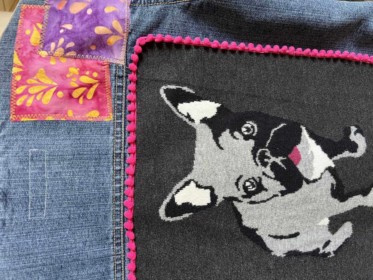 Puppy patchwork upcycled Jean jacket youth large