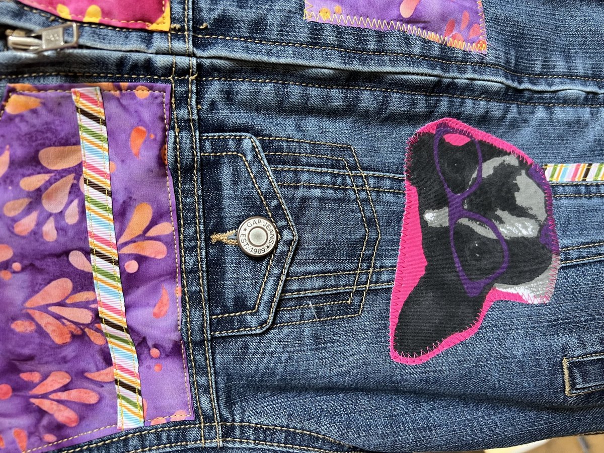 Puppy patchwork upcycled Jean jacket youth large