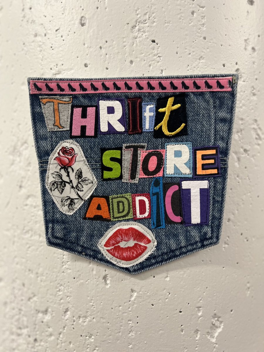 Thrift store addict art collage patch pink 