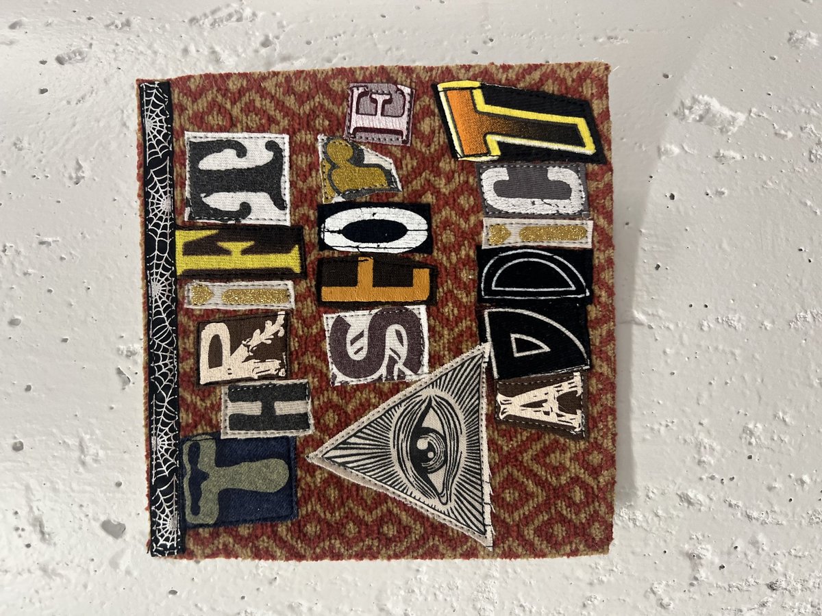 Thrift store addict art collage patch red
