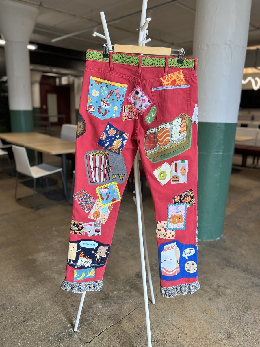 Funny food upcycled patchwork collage jeans