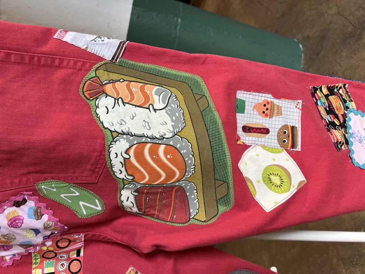 Funny food upcycled patchwork collage jeans