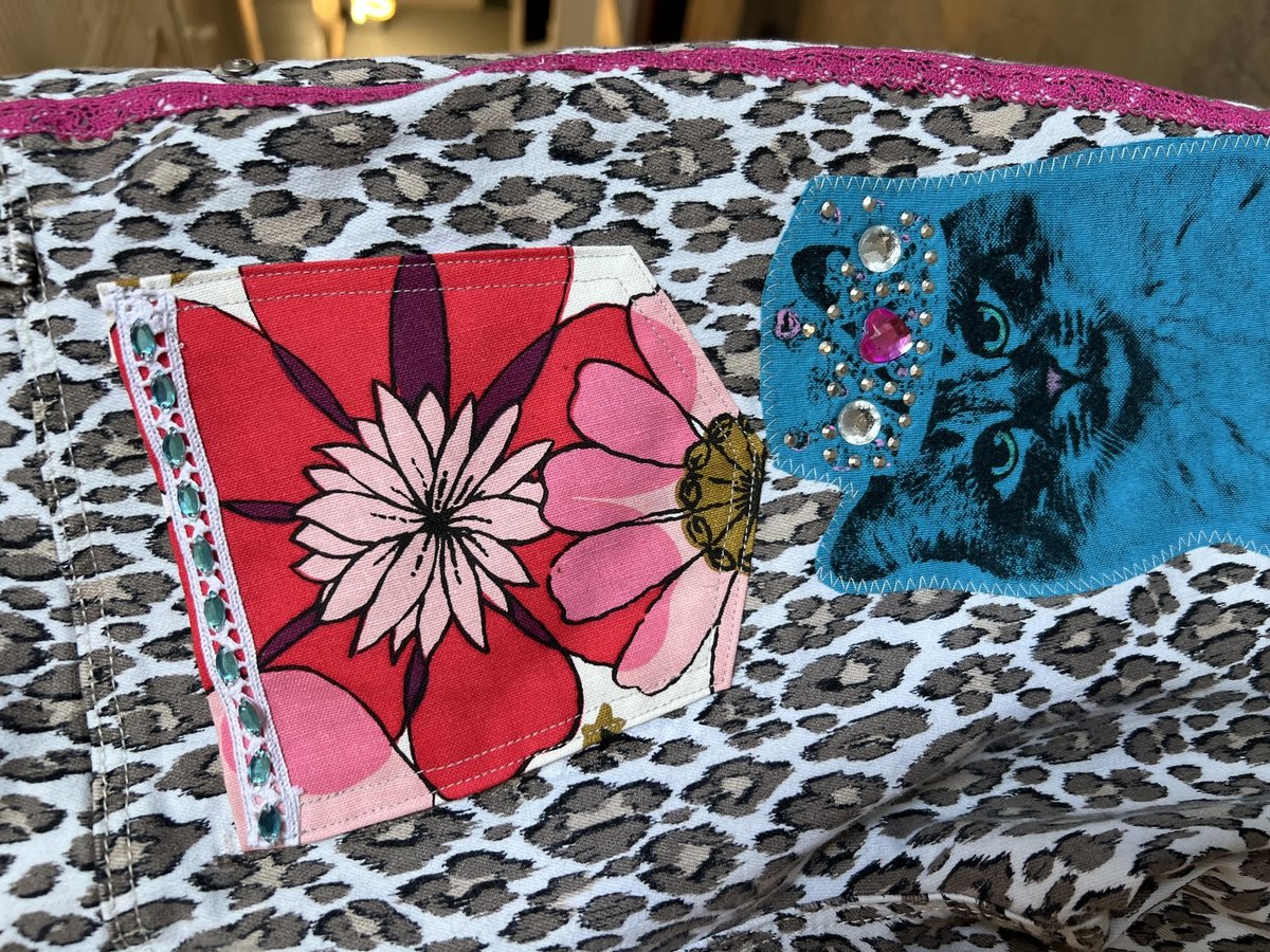 Glitter kitties patchwork collage upcycled jeans