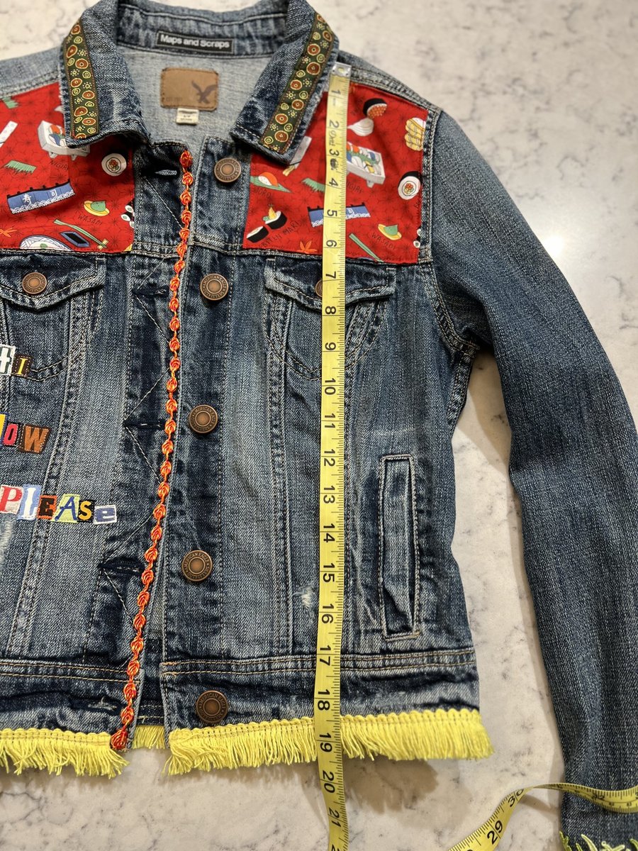 Sushi and rice custom upcycled patchwork jean jacket 