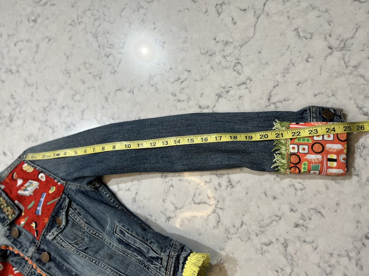 Sushi and rice custom upcycled patchwork jean jacket 