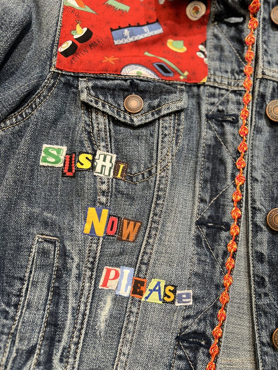 Sushi and rice custom upcycled patchwork jean jacket 