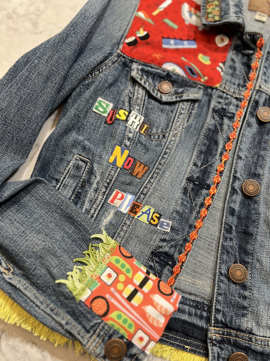 Sushi and rice custom upcycled patchwork jean jacket 