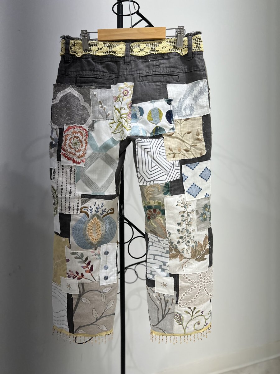 Embroidered patchwork linen pants