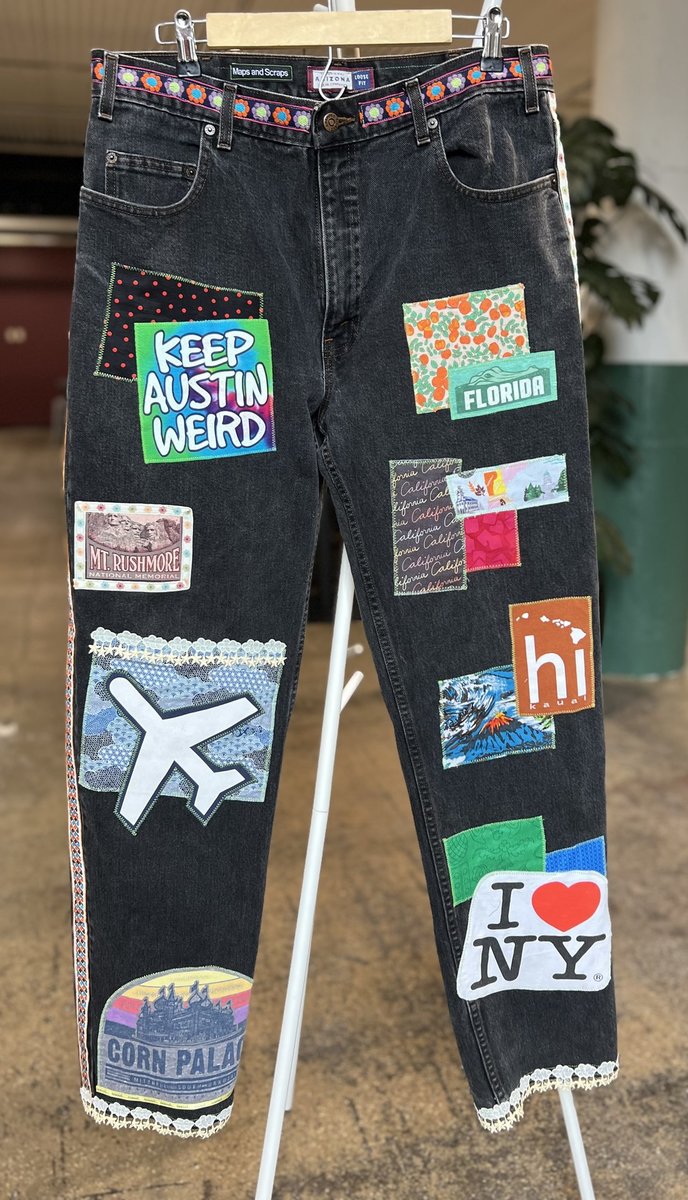 USA travel patchwork collage jeans