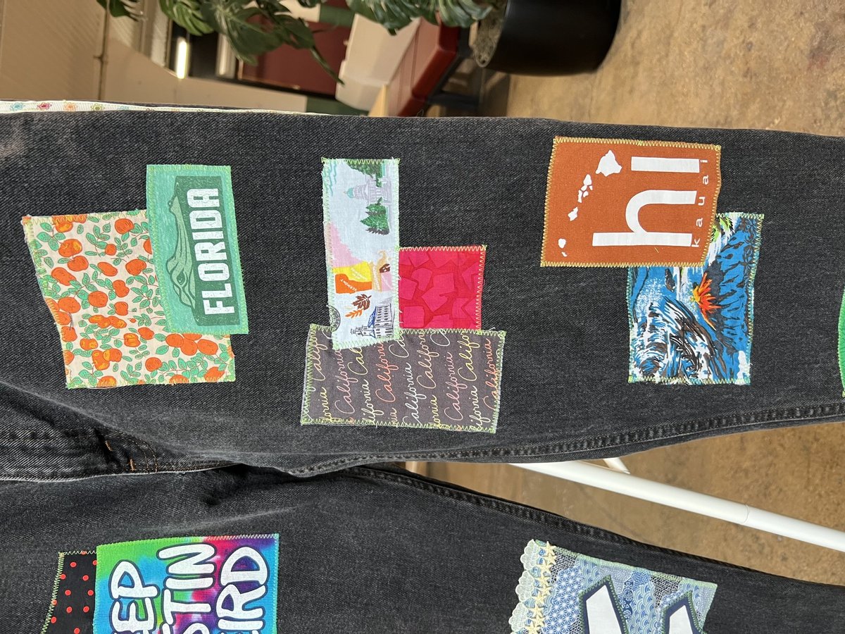 USA travel patchwork collage jeans