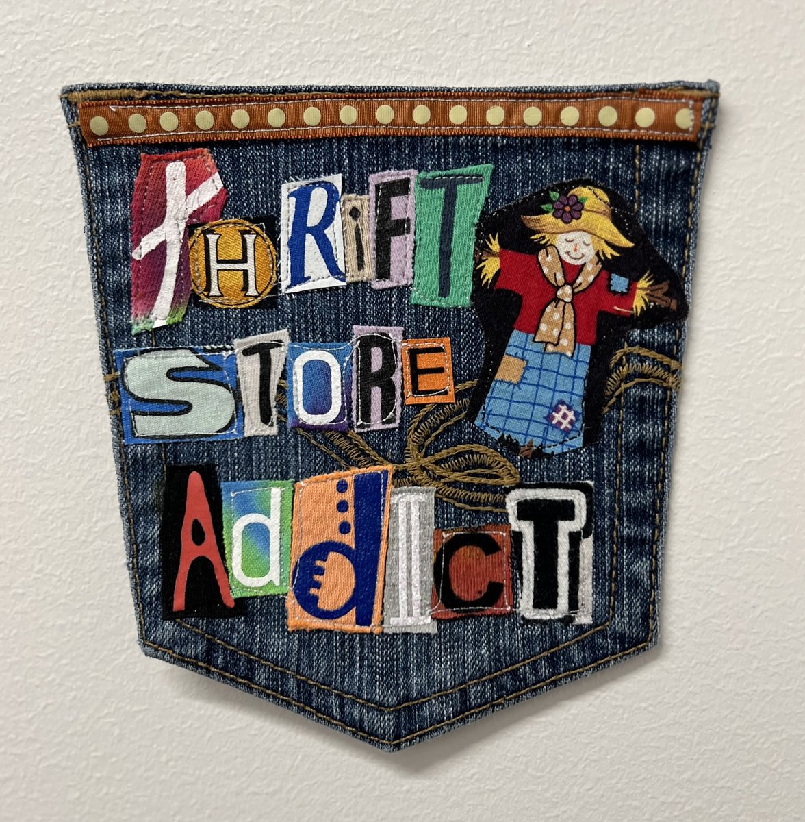 Thrift store addict Art collage patch scarecrow