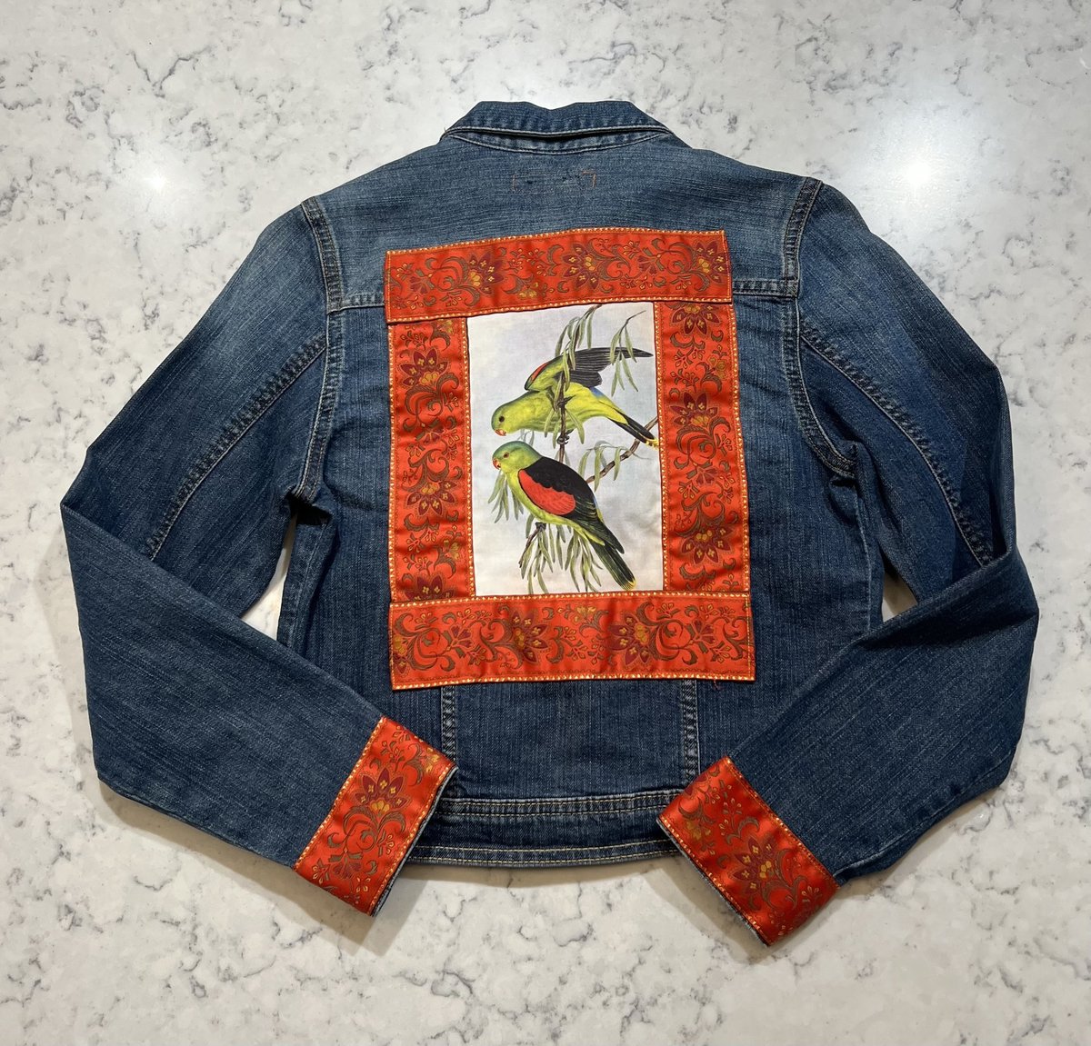 Green birds altered jeans jacket youth XXL