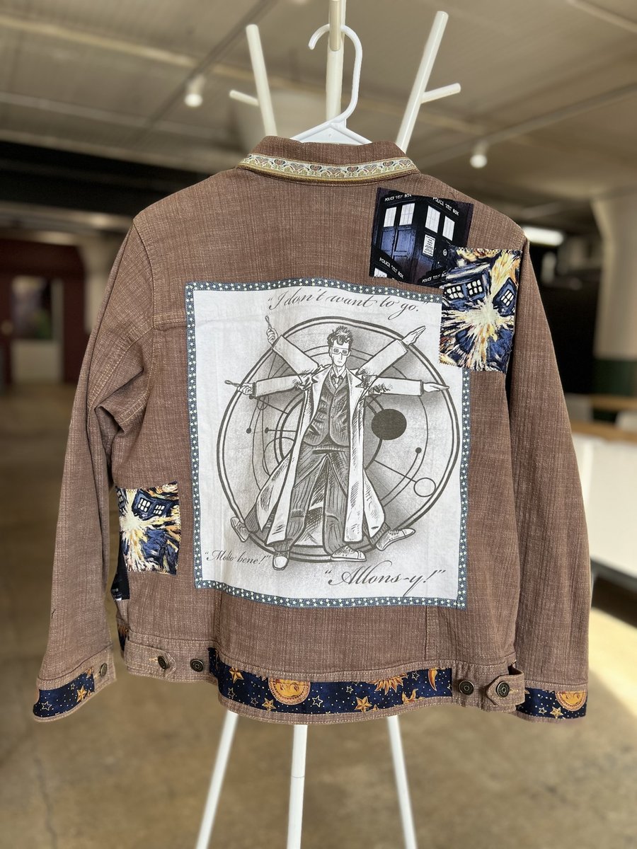 Doctor Who patchwork collage Jean jacket tan and blue