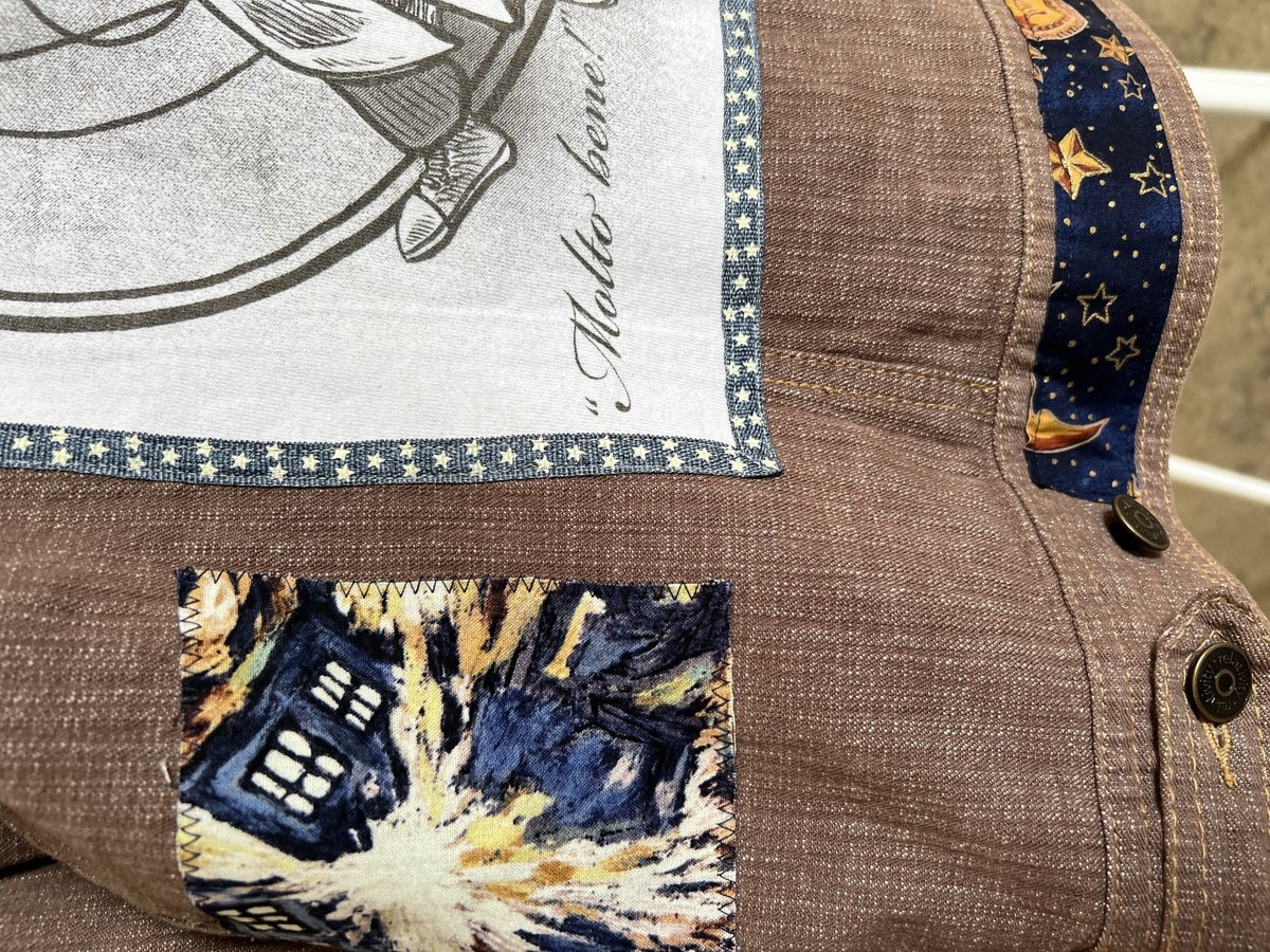 Doctor Who patchwork collage Jean jacket tan and blue