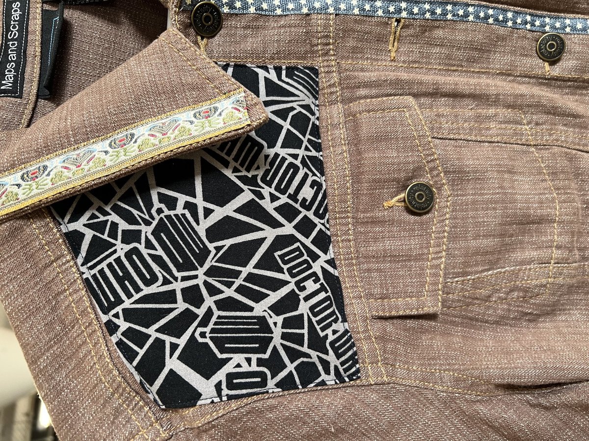 Doctor Who patchwork collage Jean jacket tan and blue