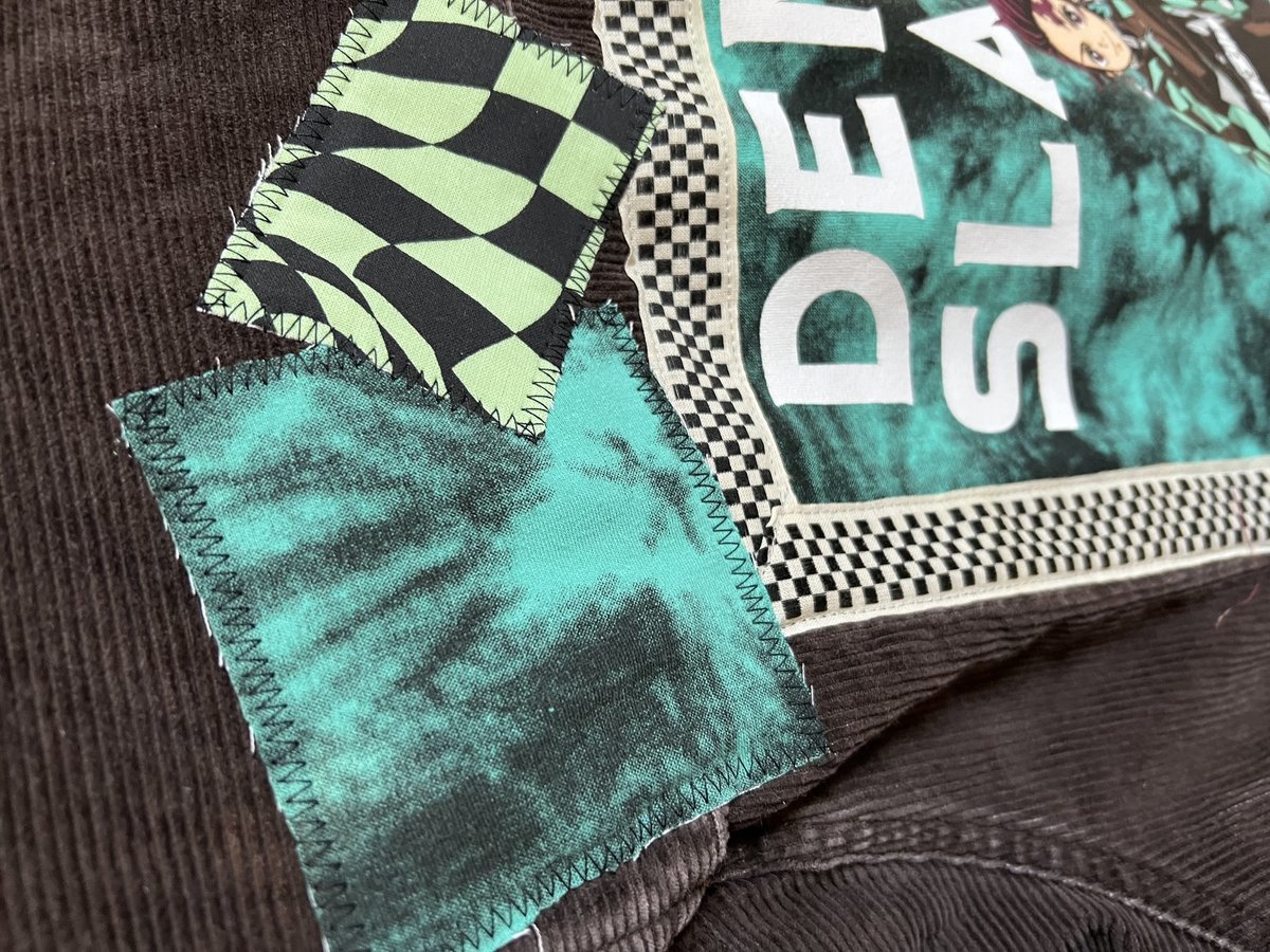 Demon Slayer tshirt patchwork upcycled brown corduroy jean jacket