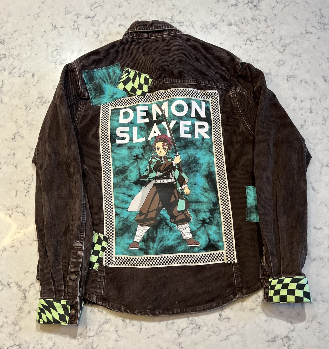 Demon Slayer tshirt patchwork upcycled brown corduroy jean jacket
