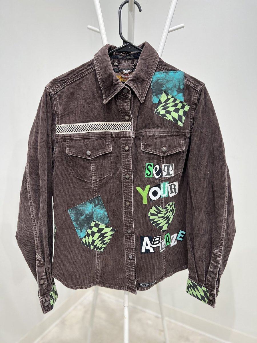 Demon Slayer tshirt patchwork upcycled brown corduroy jean jacket