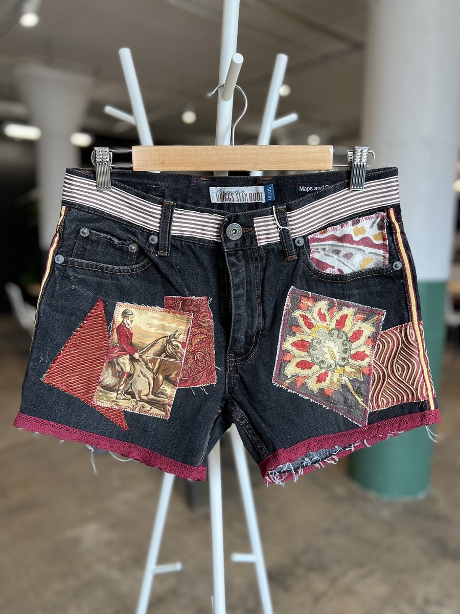 Go your own way upcycled custom patchwork collage shorts 30”