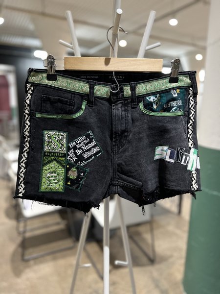 Slytherin upcycled custom patchwork collage shorts size 30”