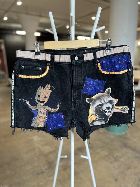 I am Groot upcycled collage shorts
