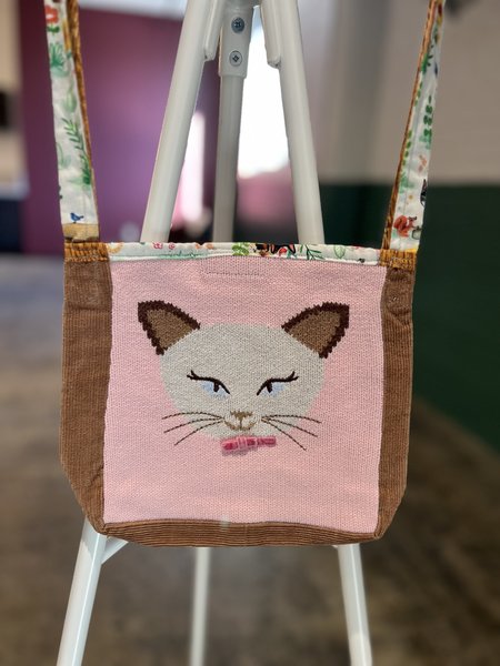 Pink cat upcycled sweater crossbody bag