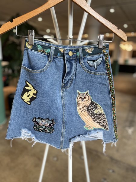 Owl and friends altered denim skirt