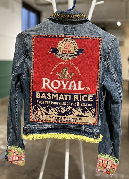 Sushi and rice custom upcycled patchwork jean jacket 