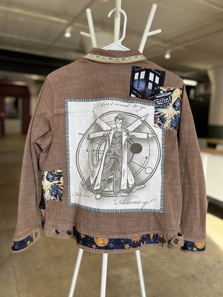 Doctor Who patchwork collage Jean jacket tan and blue