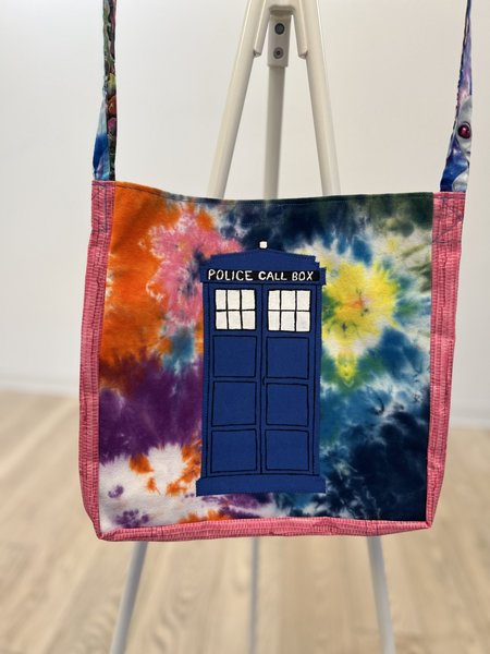 TARDIS tie dye Tshirt crossbody bag pink bursts