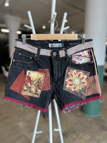 Go your own way upcycled custom patchwork collage shorts 30”